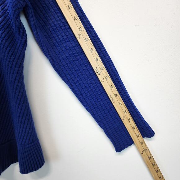 Roamans Gold Button Cardigan Size L 18/20 Ruffle Hem Neck Nautical Coastal Blue - Picture 8 of 11